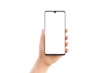 Phone mockup in woman hand isolated. Front position. Modern smart phone with small camera at the top of the display
