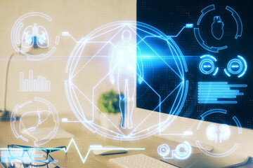 Desktop computer background and education theme drawing. Double exposure. Study concept.