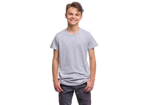 T-shirt design concept. Teen boy in blank gray t-shirt, isolated on white background.