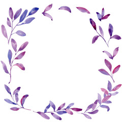 Obraz na płótnie Canvas Circle frame of purple leaves; watercolor hand draw illustration; can be used for cards or weddings; with white isolated background