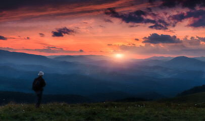 Obraz premium Wonderful Colorful landscape during sunset. Stunning mountain scenery with picturesque sky. Amazing natural background. Picture of wild area. Unsurpassed sunrise in the mountains. travel concept.