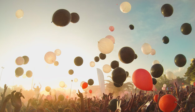 Many balloons in the air with hands trying to catch them at a festival