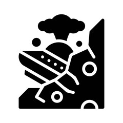 space or planet related space ship crash with mountain and smoke vector in solid design,