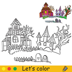 Halloween coloring with colored example haunted houses