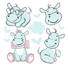 Collection of blue hippos on white background for kids