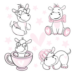 Obraz premium Collection of cute little hippos and pink stars on white background