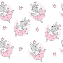 Cute hippo girl ballerina on white background seamless pattern