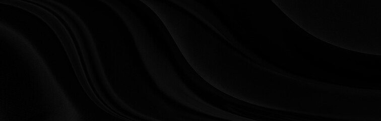 Black gray satin dark fabric texture luxurious shiny that is abstract silk cloth panorama background with patterns soft waves blur beautiful.