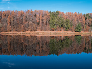 The Meugliano lake in autumn, Alps, Italy.