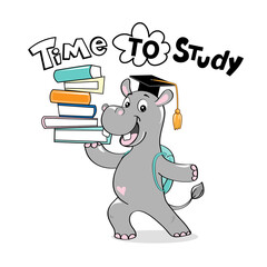The clever hippo holds books in hands and an inscription time to study on a white background. School concept