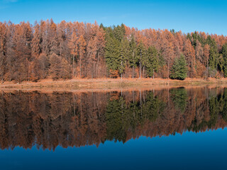 The Meugliano lake in autumn, Alps, Italy.