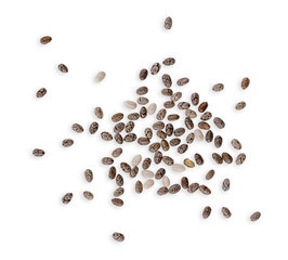 Heap of chia seeds isolated on white background. Top view