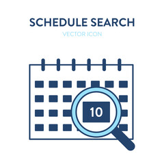 Schedule appointment search icon. Vector illustration of a monthly calendar and a magnifier tool with a date. Represents concept of searching for the time in the calendar, planning an event