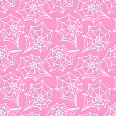 Spider web seamless pattern. Vector illustration isolated on pink background. Halloween texture