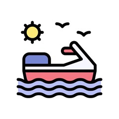 summer holiday related jetski on water with sun, birds and water waves vector with editable stroke,