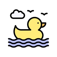 summer holiday related duck on water and birds, clod with water waves vector with editable stroke,