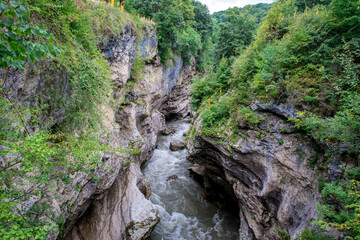 Rough river Belaya (White) in Khadzhokhsky gorge, summer. Russia , the Republic of Adygea .