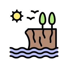 summer holiday related trees on mountain with sun, birds and water waves vector with editable stroke,