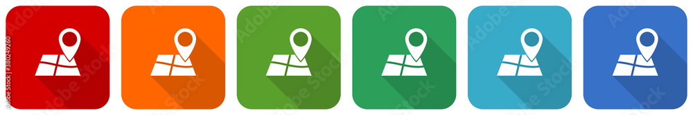 Poster gps, map, travel icon set, flat design vector illustration in 6 colors options for webdesign and mob