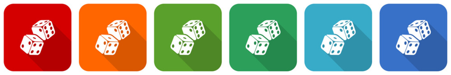 Dice, casino icon set, flat design vector illustration in 6 colors options for webdesign and mobile applications