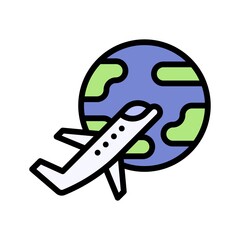 summer holiday related airplane flying in sky with world globe circle vector with editable stroke,