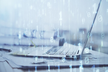 Double exposure of computer and technology theme hologram. Concept of freelance work.