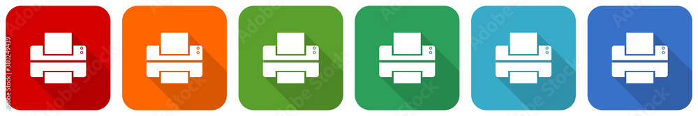 Poster printer, print icon set, flat design vector illustration in 6 colors options for webdesign and mobil