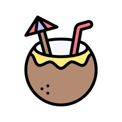 summer holiday related coconut water with pipe and umbrella vector with editable stroke,