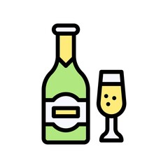 summer holiday related wine bottle with label and glass vector with editable stroke,