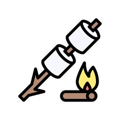 summer holiday related mushrooms with stick and wood  fire vector with editable stroke,