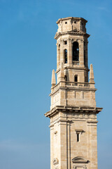 Obraz premium Closeup of the bell tower of the Verona Cathedral (Duomo of Santa Maria Matricolare, VIII-XII century) in Verona Downtown, UNESCO world heritage site, Veneto, Italy, Europe.