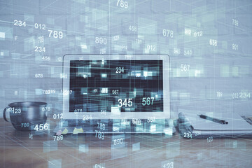 Double exposure of computer and technology theme hud. Concept of innovation.