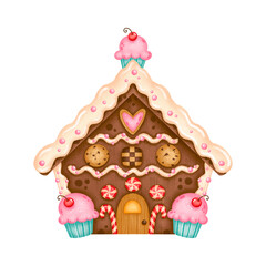 Illustration of a cute Christmas gingerbread house isolated on white background