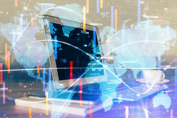 Multi exposure of business theme icons and table with computer background. Concept of success.