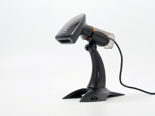 stylish portable cash register with stand GR code scanner on white background