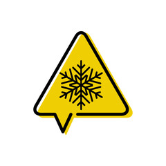 Logotipo lineal triángulo señal de peligro como burbuja de habla con copo de nieve con color amarillo