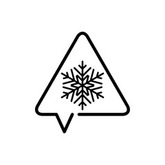 Logotipo lineal triángulo señal de peligro como burbuja de habla con copo de nieve en color negro