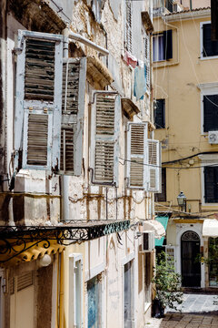 Weathered buildings in Corfu old town.