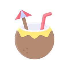 summer holiday related coconut water with pipe and umbrella vector in flat style,