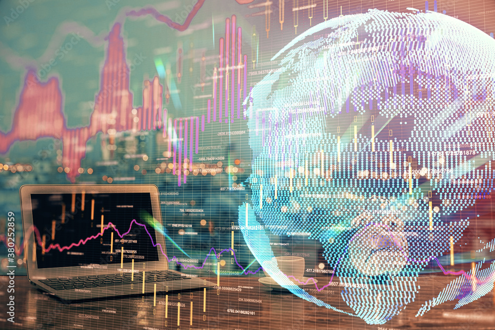 Poster double exposure of forex graph and work space with computer. concept of international online trading