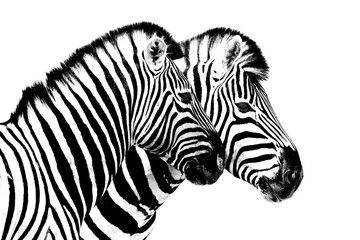 Fototapeta na wymiar Zebras on white background isolated close up side view, two zebra head portrait in profile, black and white art photography, striped animal pattern design, african wildlife nature monochrome wallpaper