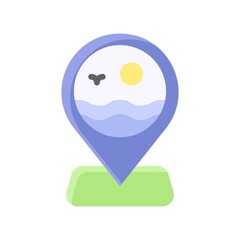 summer holiday related location pin with sun, bird and water waves vector in flat style,