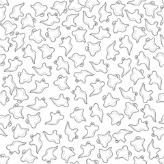 Spooky Halloween ghosts seamless pattern template. Cute minimalism cartoon vector illustration in black and white for games, background, pattern, decor. Coloring paper, page, story book. 