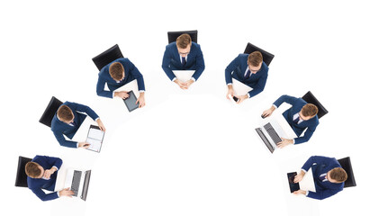 Set of overhead views of a handsome businessman in office.