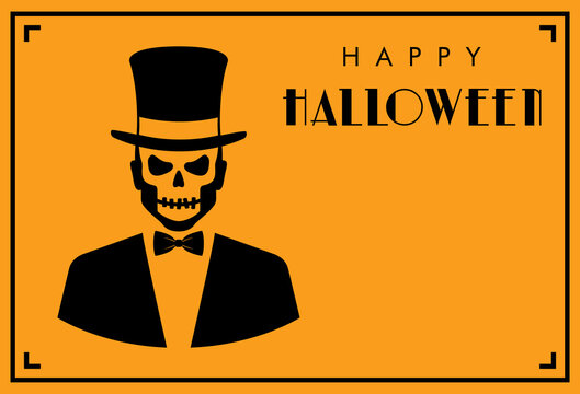 Feliz Halloween. Día de los muertos. Disfraz de zombi. Tarjeta de invitación con esqueleto con tux y chistera y tipografía en fondo naranja