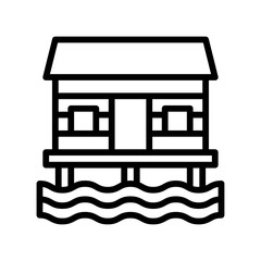 summer holiday related house or building on water with door and water waves vector in lineal style,