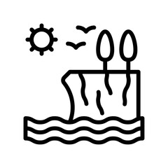 summer holiday related trees on mountain with sun, birds and water waves vector in lineal style,