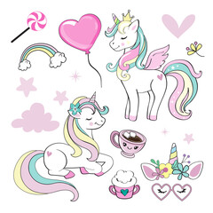 Fashion set of unicorns on a white background. Vector illustration © Lucky Project