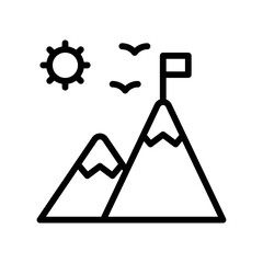 summer holiday related mountains with sun, birds and flag vector in lineal style,