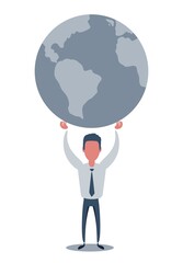 a man that hold in his hands the whole world globe. Stock vector illustration for poster, greeting card, website, ad, business presentation, advertisement design.